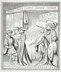 En trimmet himmelseng med gardiner, 1873